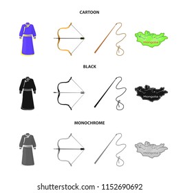 .mongol dressing gown, battle bow, theria on the map, Urga, Khlyst. Mongolia set collection icons in cartoon,black,monochrome style vector symbol stock illustration web.