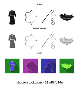 .mongol dressing gown, battle bow, theria on the map, Urga, Khlyst. Mongolia set collection icons in black, flat, monochrome style vector symbol stock illustration web.