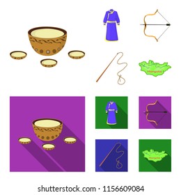 .mongol dressing gown, battle bow, theria on the map, Urga, Khlyst. Mongolia set collection icons in cartoon,flat style vector symbol stock illustration web.