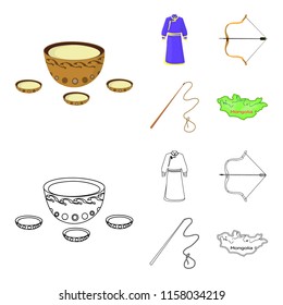 .mongol dressing gown, battle bow, theria on the map, Urga, Khlyst. Mongolia set collection icons in cartoon,outline style vector symbol stock illustration web.