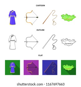 .mongol dressing gown, battle bow, theria on the map, Urga, Khlyst. Mongolia set collection icons in cartoon,outline,flat style vector symbol stock illustration web.
