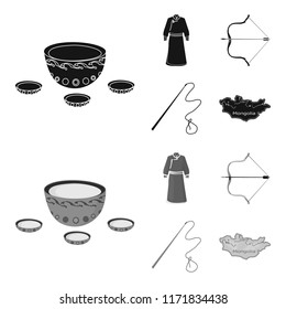 .mongol dressing gown, battle bow, theria on the map, Urga, Khlyst. Mongolia set collection icons in black,monochrome style vector symbol stock illustration web.
