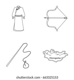 .mongol dressing gown, battle bow, theria on the map, Urga, Khlyst. Mongolia set collection icons in outline style vector symbol stock illustration web.