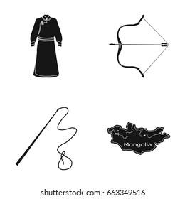 .mongol dressing gown, battle bow, theria on the map, Urga, Khlyst. Mongolia set collection icons in black style vector symbol stock illustration web.