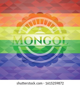 Mongol emblem on mosaic background with the colors of the LGBT flag
