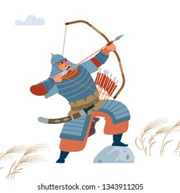 Mongol Warrior Archer With Arrow And Bow. Isolated Vector Flat Illustration