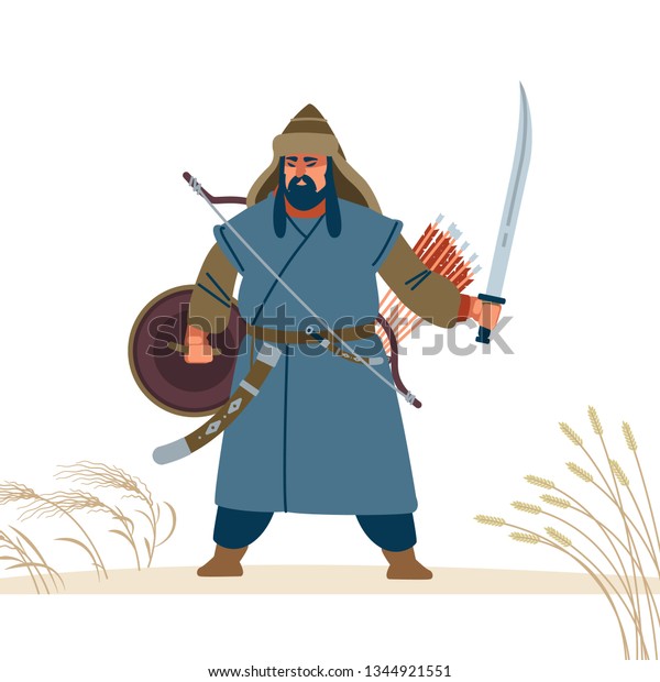モンゴルの戦士の性格 中世の戦いのイラスト 歴史的なイラスト 分離型ベクターフラットイラスト のベクター画像素材 ロイヤリティフリー