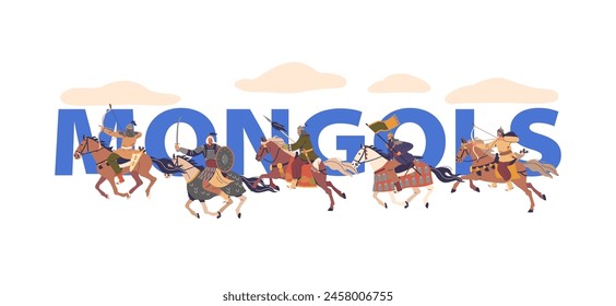 Mongol Warrior Characters On Horseback, Dynamically Illustrated In Mid-gallop With Bows, Spears, Flags and Bold Letters