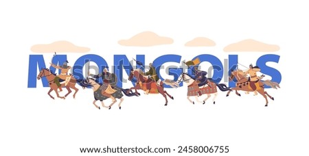 Mongol Warrior Characters On Horseback, Dynamically Illustrated In Mid-gallop With Bows, Spears, Flags and Bold Letters