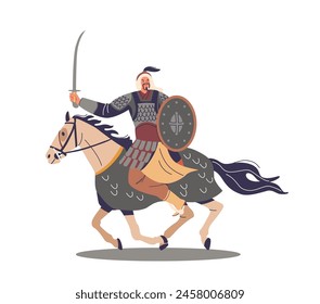 Mongol Warrior With A Sword Riding On Horseback. Asian Conqueror Character Raising His Saber High Symbolizing Leadership