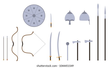 Mongol weapons and armors set. Mongol nomad warrior equipment. Sable, axe, male, spear, bow, arrows, helmet shield Vector illustration