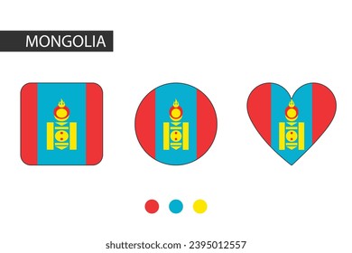 Mongolia 3 shapes (square, circle, heart) with city flag. Isolated on white background.