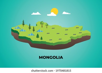 Mongolia 3d isometric map with topographic details mountains, trees and soil vector illustration design