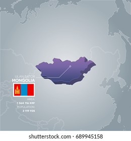 Mongolia 3d map with information of area and population of the country.
