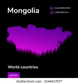 Mongolia 3D map. Stylized neon simple digital isometric striped vector Map of Mongolia is in violet colors on black background