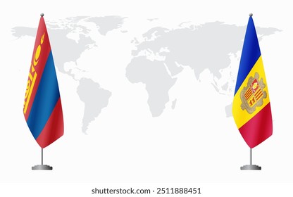 Mongolia and Andorra flags for official meeting against background of world map.