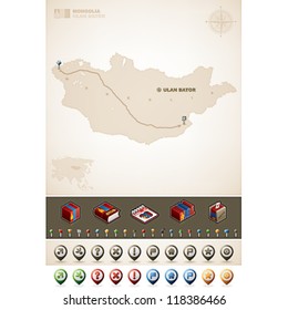 Mongolia and Asia maps, plus extra set of isometric icons & cartography symbols set