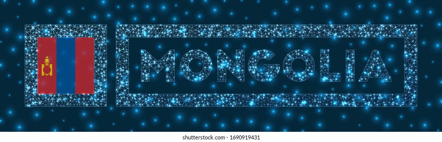 Mongolia badge. Flag of Mongolia in glowing network geometric style. Modern vector illustration.