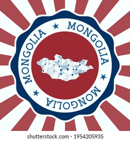 Mongolia Badge. Round logo of country with triangular mesh map and radial rays. EPS10 Vector.