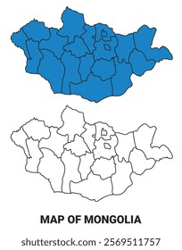 Mongolia Blue detailed map border regions outline vector set