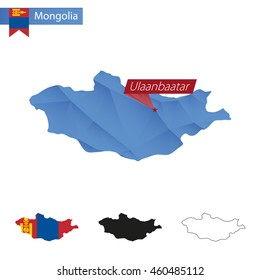 Mongolia blue Low Poly map with capital Ulaanbaatar, four versions of map. Vector Illustration.