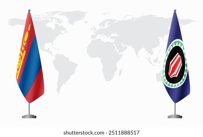 Mongolia and Bougainville flags for official meeting against background of world map.