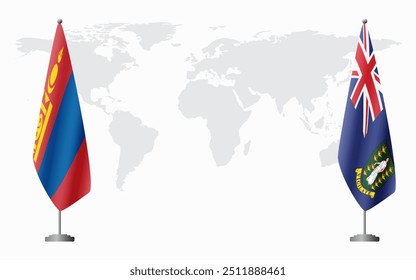 Mongólia e Ilhas Virgens Britânicas bandeiras para reunião oficial contra fundo do mapa do mundo.
