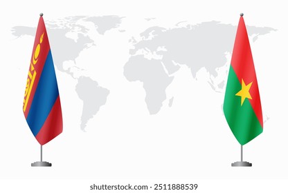 Mongolia and Burkina Faso flags for official meeting against background of world map.