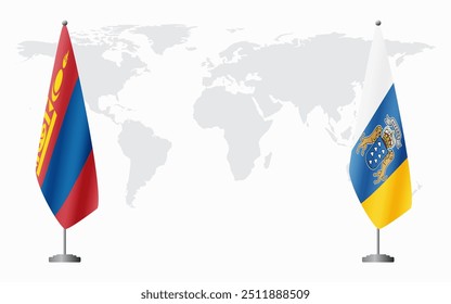 Bandeiras da Mongólia e das Ilhas Canárias para reunião oficial em segundo plano do mapa do mundo.