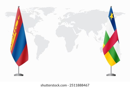 Mongolia and Central African Republic flags for official meeting against background of world map.