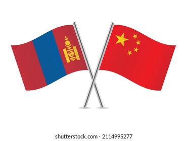 Mongolia and China crossed flags. Mongolian and Chinese flags, isolated on a white background. Vector icon set. Vector illustration. 