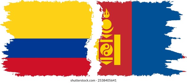 Mongolia and Colombia grunge flags connection, vector