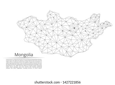Mongolia communication network map. Vector low poly image of a global map with lights in the form of cities in or population density consisting of points and shapes and space. Easy to edit