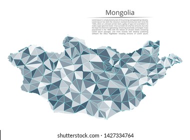 Mongolia communication network map. Vector low poly image of a global map with lights in the form of cities in or population density consisting of points and shapes and space. Easy to edit