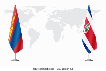 Mongolia and Costa Rica flags for official meeting against background of world map.