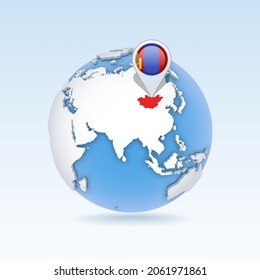 Mongolia - mapa del país y bandera localizada en el mundo, mapa del mundo. Ilustración del vector 3D