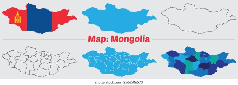 Mongolia country map set. internal provinces borders marked, Simple map of Mongolia vector drawing, Filled and outline.