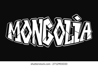MONGOLIA nombre de país diseñado en un estilo de arte callejero de graffiti audaz, con letras blancas con un contorno grueso contra un fondo negro, transmitiendo la cultura urbana y una fuerte identidad visual
