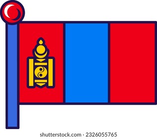 Mongolia country nation flag on flagpole vector. Vertical triband of red and blue with soyombo symbol. East asia territory official symbolic of independence flat cartoon illustration