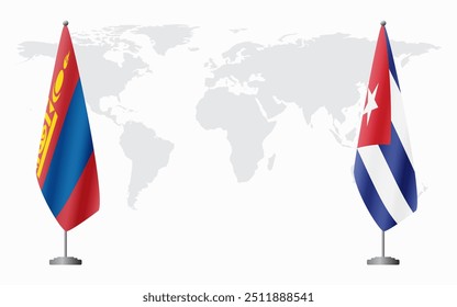 Mongolia and Cuba flags for official meeting against background of world map.