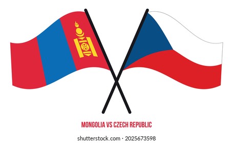 Die Flaggen der Mongolei und der Tschechischen Republik überquerten und wehenden Flachstil. Offizieller Anteil. Korrigieren Sie Farben.
