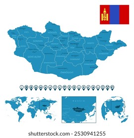 Mongolia - detailed blue country map with cities, regions, location on world map and globe. Infographic icons. Vector illustration