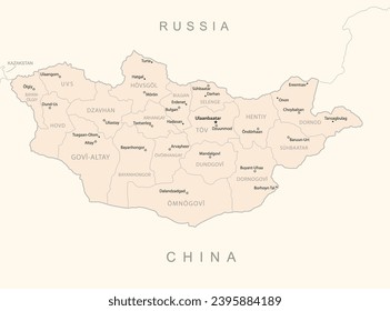 Mongolia - mapa detallado con las divisiones administrativas del país. Ilustración del vector