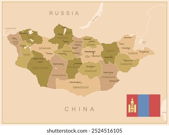 Mongolia - detailed map of the country in brown colors, divided into regions. Vector illustration