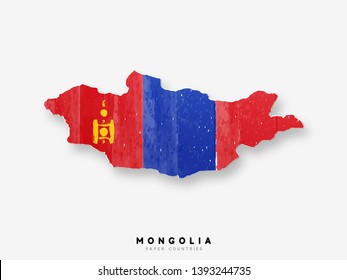 Mongolia detailed map with flag of country. Painted in watercolor paint colors in the national flag.