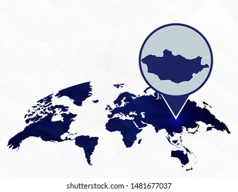 Mongolia detailed map highlighted on blue rounded World Map. Map of Mongolia in circle.