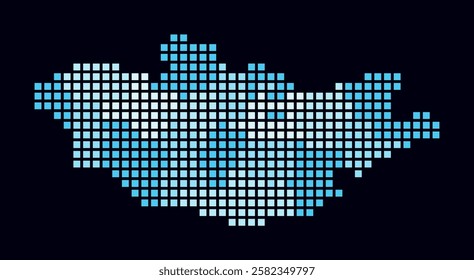 Mongolia dotted map. Digital style map of the country on dark background. Mongolia shape with square dots. Colored dots style. Large size squares. Beautiful vector illustration.