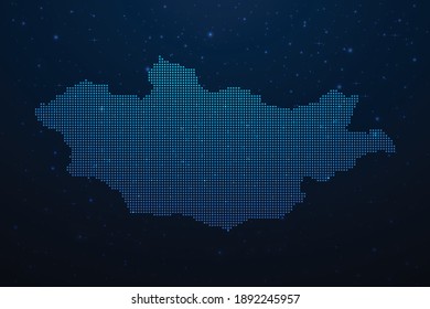Mongolia dotted map in futuristic style, glowing outline made of stars lines dots. Communication, internet technologies concept on dark blue space background. Vector illustration.