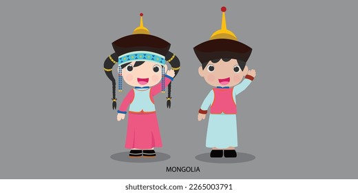 mongolia in  dress with a flag. Man and woman in traditional costume. Travel to  mongolia . People.