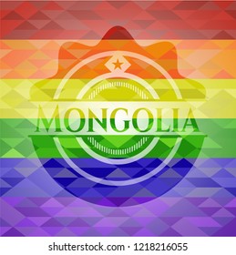 Mongolia emblem on mosaic background with the colors of the LGBT flag